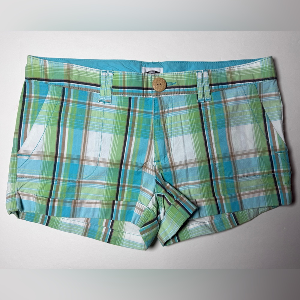 Vans Off The Wall Plaid Shorts Size 7 Blu Green Cotton Stretch Casual